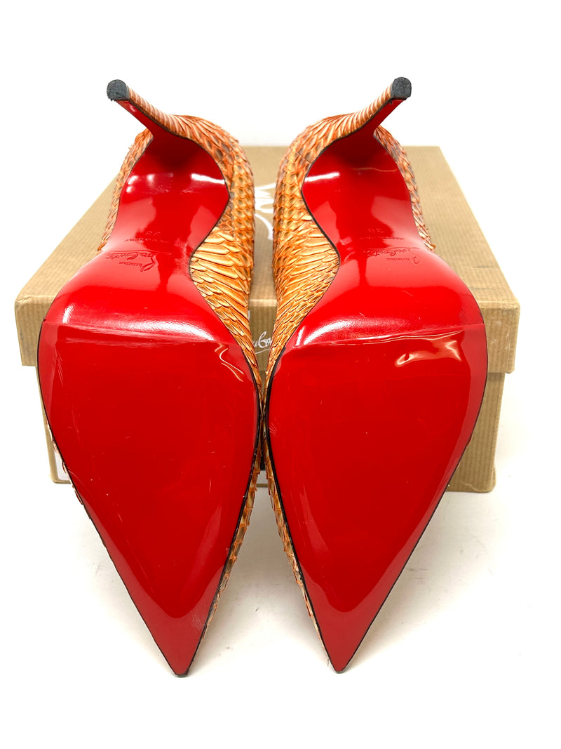 Christian Louboutin Watersnake Leather Orange Pump Heels 