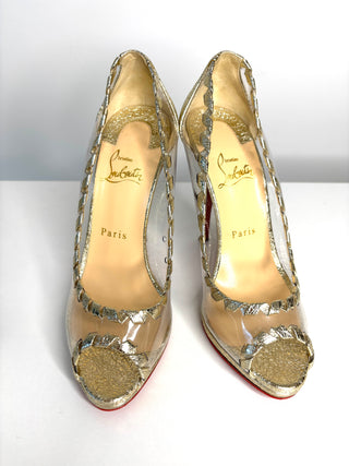 Pre-loved Christian Louboutin Hargaret 120 Gold PVC Heels small fit 38 UK5