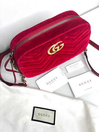 Gucci GG Marmont Matelasse Red Velvet Camera Shoulder Bag