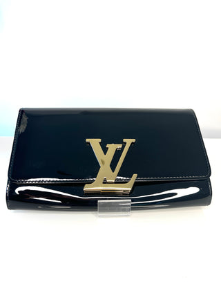 Louis Vuitton Louise glossy black patent leather gold LV clutch