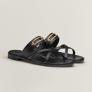 Hermes Black Leather Aged Gold Buckle Sandals