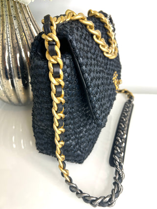 Chanel Preloved Large Chanel 19 Navy Raffia Tweed Flap Bag