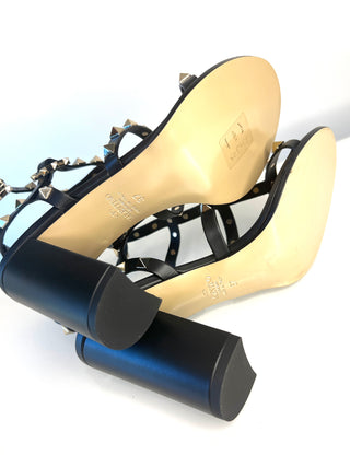 Valentino Garavani Rockstud 90 Black Leather Block Heel Sandals 37 UK4