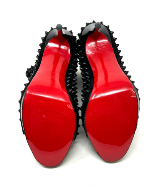 Christian Louboutin Guerilla 100 Black Suede Spike Open Toe Bootie Heels 37 UK 4