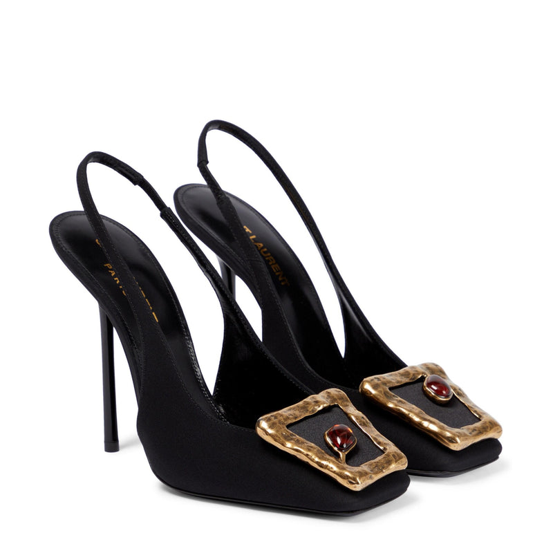 Saint Laurent Black Fabric Gold Ornament Slingback Pump Heels 