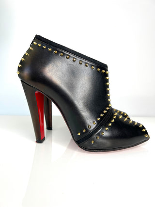 Christian Louboutin Carapachoc 100 Spike Black Leather Peep-Toe Ankle Boots 38.5 UK5.5