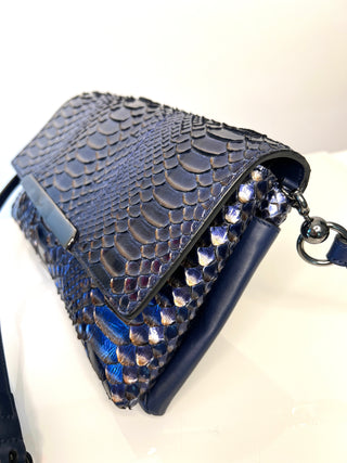 Christian Louboutin Rougissime Nuit Blue Metallic Python Clutch Shoulder Bag