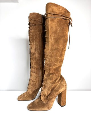 Saint Laurent Tan Suede Lace-Up Knee Boots 37 UK4