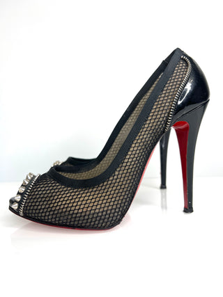 Christian Louboutin Preloved Shawnita Spiked Mesh Peep-Toe Black Heels 40 UK7
