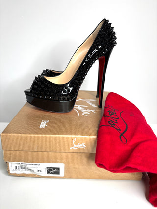 Christian Louboutin Lady Peep Spikes 150 Black Patent Peep-Toe Heels 39 UK6