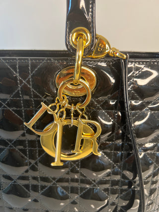 Dior Large Lady Dior Black Patent Leather Handbag