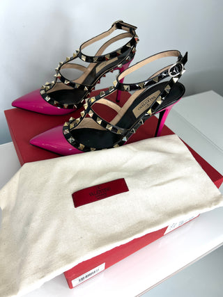 Valentino Garavani Preloved Rockstud Caged Pump 100 Pink Patent Leather Heels 37.5 UK4.5