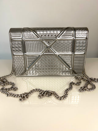 Christian Dior Metallic Diorama Silver Micro Cannage Wallet on Chain / Crossbody Bag