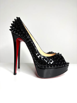 Christian Louboutin Lady Peep Spikes 150 Black Patent Peep-Toe Heels 39 UK6