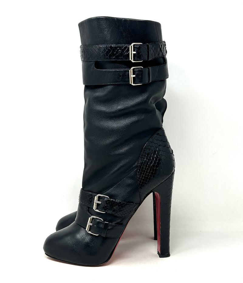 Christian Louboutin Loubi Bike 140 Black Leather Python Mid Calf Boots 40 UK 7