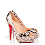 Christian Louboutin Gold Patent Satin Mirror Effect Peep Toe Heels