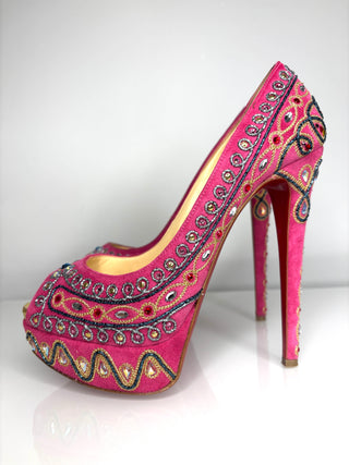 Christian Louboutin Bollywoody Pink Suede Peep Toe Heels 38 UK5