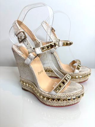 Christian Louboutin Cataclou White/Light Gold Wedge Sandals 36 UK3