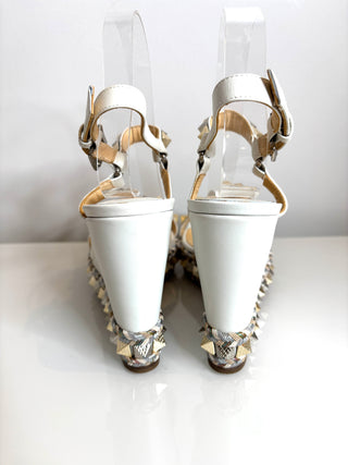 Christian Louboutin Pyraclou 110 Latte White Wedge Sandals 39 UK6