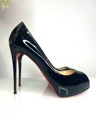 Christian Louboutin Pre-Loved New Very Prive 120 Black Patent Platform Heels 38.5 UK5.5