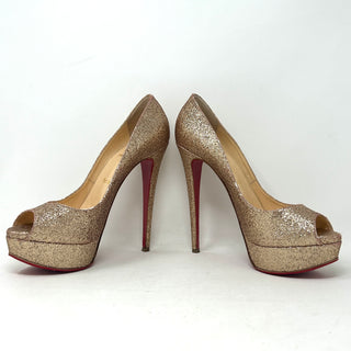 Christian Louboutin Lady Peep 150 Nude Glitter Platform Peep Toe Heels 38.5 UK 5.5