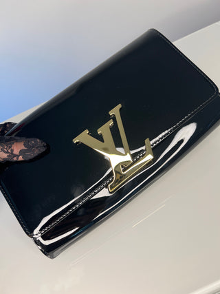 Louis Vuitton Louise Gold LV Black Patent Leather Clutch Bag