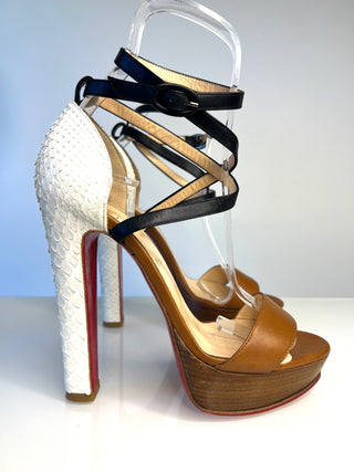 Christian Louboutin Summerissima high-heeled platform sandals with tan leather strap, black wraparound ankle straps and white python heels