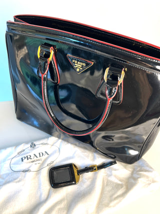 Prada Black Spazzolato Patent Leather Parabole Tote Bag