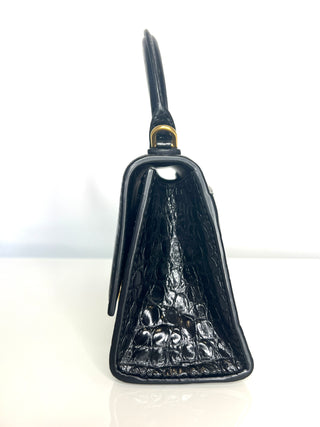 Balenciaga Preloved Hourglass XS Black Croc-Embossed Top Handle Shoulder Bag