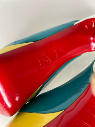 Christian Louboutin Lady Peep Sling 150 Jade Mimosa Patent Leather Platform Heels 39 UK6