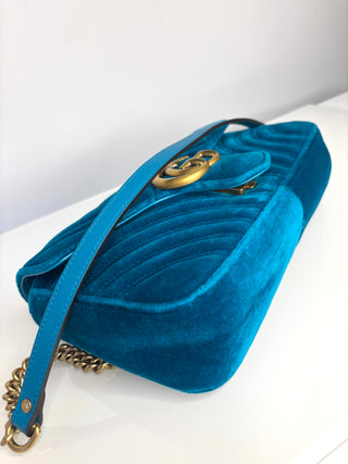 Gucci GG Marmont Small Turquoise Blue Velvet Shoulder Bag
