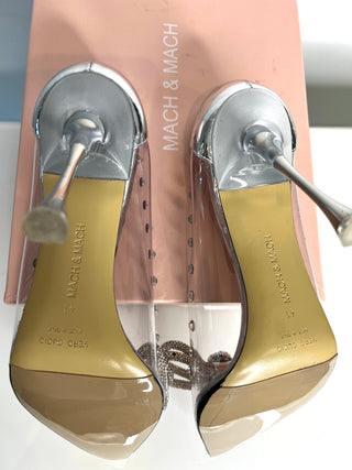 Mach & Mach Double Bow Silver PVC Crystal Embellished Heels 41 UK8