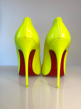 Christian Louboutin So Kate 120 Neon Fluo Yellow Patent Leather Heels 37.5 UK4.5