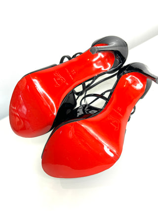 Christian Louboutin Preloved Holly Alta 120 Black Patent Leather Peep-Toe Strappy Heels 36 UK3