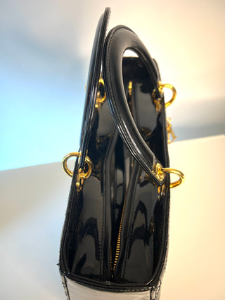 Dior Large Lady Dior Black Patent Leather Handbag