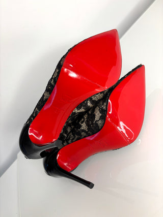 Christian Louboutin Psybootie Black Lace Patent Leather Ankle Boots 37 UK4