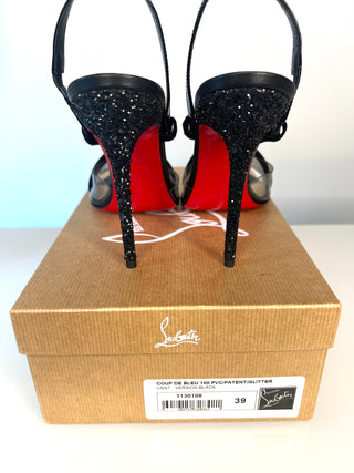 Christian Louboutin Coup de Bleu 100 Black Patent Leather & Glitter Sandals – Small Size 39 UK6