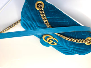 Gucci GG Marmont Small Turquoise Blue Velvet Shoulder Bag