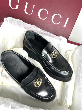Gucci Pre-Loved Double G Creeper Platform Black Leather Loafers 37.5 UK4.5