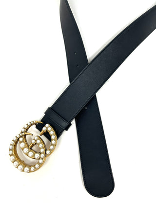 Gucci Wide Black Leather Belt With Pearls