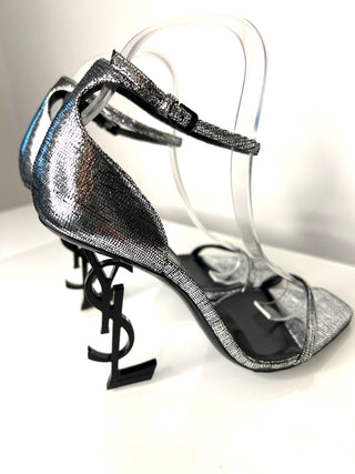 Saint Laurent Opyum Silver YSL Heel Sandals 39 UK6
