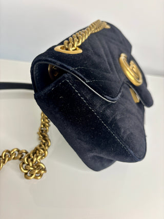 Gucci Preloved GG Marmont Black Velvet Small Shoulder Bag
