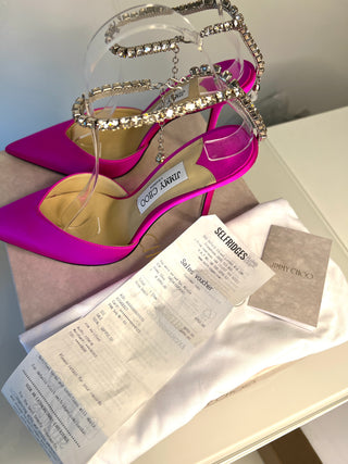 Jimmy Choo Saeda 100 Fuchsia Pink Satin Crystal Strap Heels 38.5 UK5.5