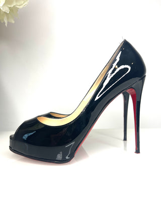 Christian Louboutin Pre-Loved New Very Prive 120 Black Patent Platform Heels 38.5 UK5.5