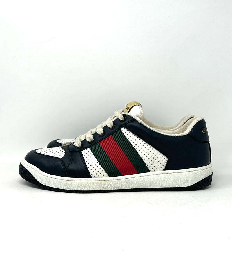 Gucci Screener Black And White Leather Web Stripe Low Top Sneakers Mens 40 UK 6