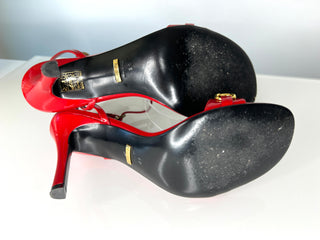 Gucci Moorea  Horsebit Red Patent Leather Ankle Strap Heeled Sandals 38 UK5