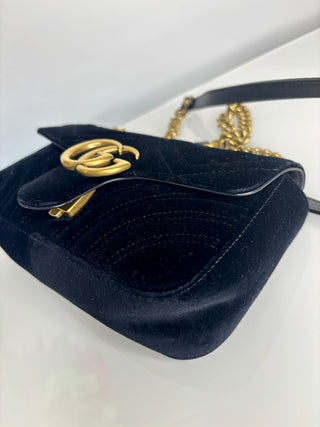 Gucci Preloved GG Marmont Black Velvet Small Shoulder Bag