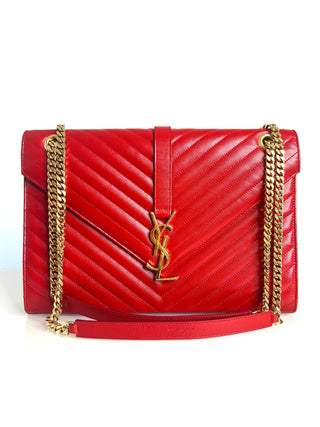 Saint Laurent YSL Pre-Loved Large Envelope Red Chevron Quilted Leather Shoulder Bag