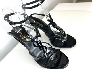 Saint Laurent Cassandra YSL Logo Black Patent Leather Sandals 37.5 UK4.5