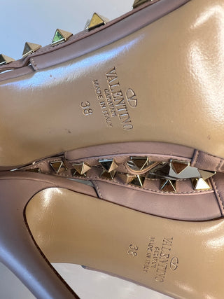 Valentino Garavani Rockstud 100 Caged Ankle Strap Beige Leather Heels 38 UK5